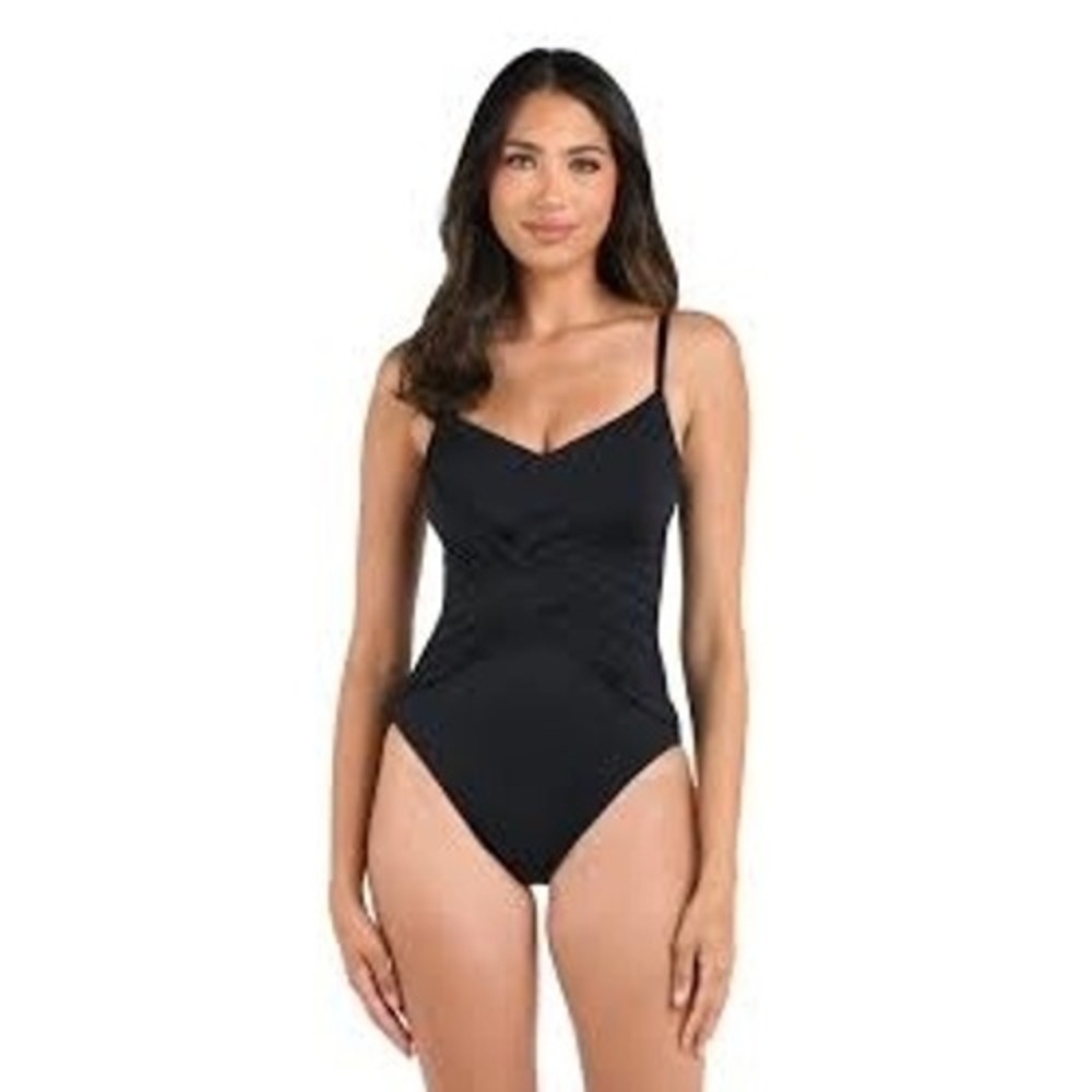 057 La Blanca Island Goddess Black Wrap One Piece Swimsuit (Size 16, EUC)